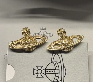 Vivienne Westwood Style Mini Bas Relief Earrings Gold Crystal Orb - Picture 1 of 6