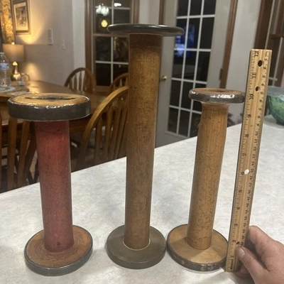 3 Old Textile Stools, Red, Brown, Golden Wood - Image 1 of 3