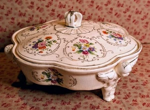 Antique Dresdena Ware Japan Divided Serving Dish~Angel Footed, Lidded~8¾ x 5¼" - Picture 1 of 19