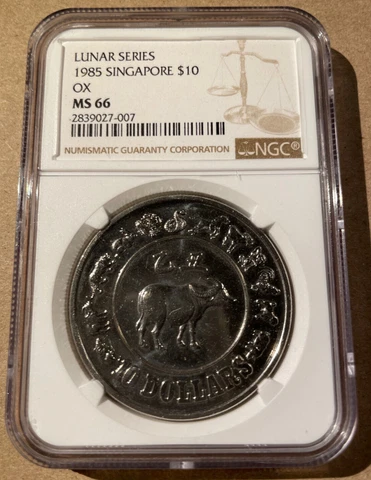 1985 SINGAPORE OX LUNAR SERIES $10 NGC MS 66 - Nickel! Only 2 In Higher Grades! Cover