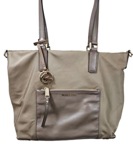 Michael Kors Ariana Dusk Tote Crossbody w MK Charm Leather Nylon Dark Beige - Picture 1 of 15