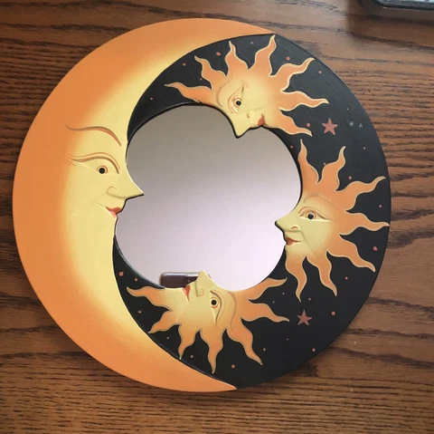 NEW MOON & STARS MIRROR 12” Hand Carved & Painted Yellow Cover