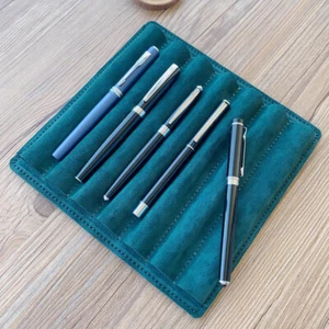 Vintage Genuine Leather 6 Slots Pen Display Tray Holder Stand Desktop Organizer - Picture 1 of 12