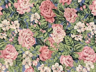Cotton Fabric Mauve Roses Green Leaves on Mauve Blue 2.5Y x 44" Width - Image 1 of 3