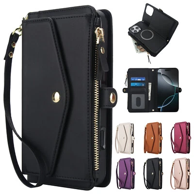 Funda tipo billetera de cuero desmontable + correa para iPhone 16 Pro Max 16e 15 14 13 12 11  Foto 1 de 4