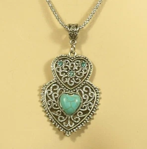 Silver Double Heart Turquoise Pendant Necklace 19" Chain 3" Extender  - Picture 1 of 6