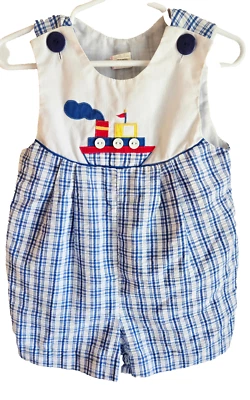 Vintage Toddler SIZE 24 Months Summer Romper Sailboat Blue & White Plaid, EUC - Image 1 of 4