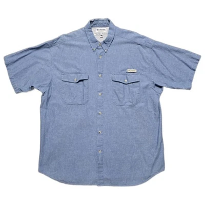 Columbia BFG Bass Blue Chambray Vented Fishing Shirt Mens XL Short Sleeve - Image 1 of 4