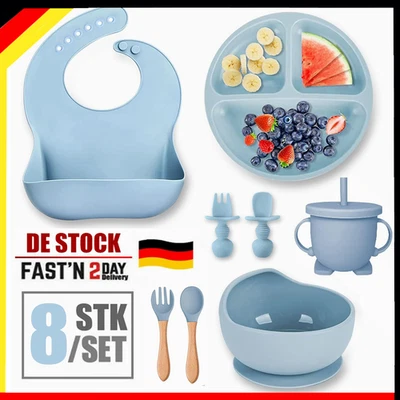 Geschirr für Kinder Kindergeschirrset - Silikon Kindergeschirr Set 8-teilig Blau - Bild 1 von 4