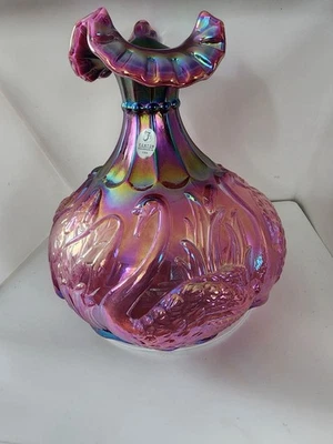 Fenton RUBY RED IRIDESCENT CARNIVAL GLASS OVERLAY SWAN CATTAIL VASE - Image 1 of 4