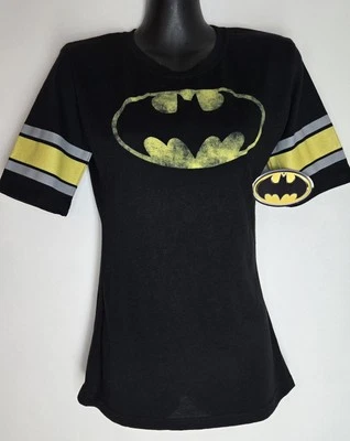 New BATMAN Junior's Small Black Yellow Distressed Logo T-Shirt Top - Image 1 of 4