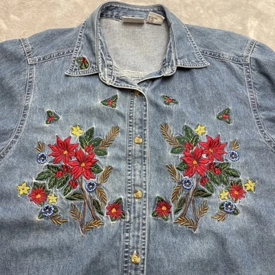 Vintage Bobbie Brooks Christmas Shirt Womens S Blue Denim Embroidered Poisettias - Image 1 of 4