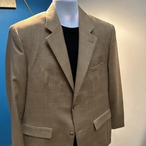 Tasso Elba Mens Jacket Suit Coat 2 Button Tan Window Pane Wool And Poly L 42-44 - Picture 1 of 3