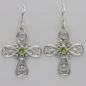 Facetted Green PERIDOT Cross Earrings - 925 STERLING SILVER Leverback #28e - Picture 1 of 9
