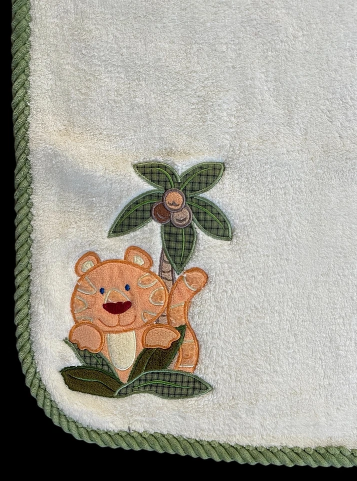 Nojo Tiger Palm Tree Plush Baby Blanket Beige Cream Jungle Green Trim 40"x30" - Image 1 of 3