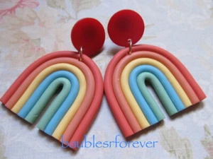 Fashion Polymer Clay Rainbow Drop Pierced Earrings Red Lucite Posts FUN - Bild 1 von 4