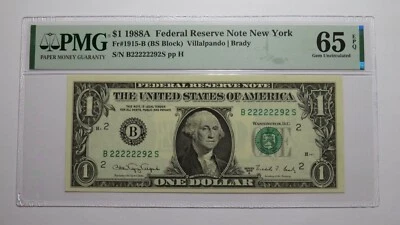 $1 1988 Near Solid Serial Number Federal Reserve Bank Note Bill UNC65 #22222292 - Image 1 of 3