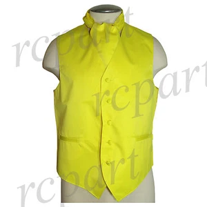 New Men's Formal Tuxedo Vest Waistcoat solid & Ascot cravat yellow Prom wedding - Picture 1 of 5