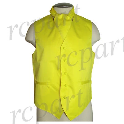 New Men's Formal Tuxedo Vest Waistcoat solid & Ascot cravat yellow Prom wedding - Image 1 of 4