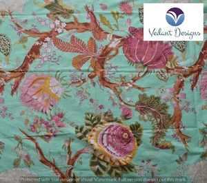 5 Yard Indian Hand Block Floral Print Pure Cotton Running Fabric Green - Picture 1 of 6