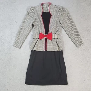 Vintage Sabino Dress Womens 10 Black White 80s Bow Belted USA Padded Long Sleeve - Picture 1 of 23