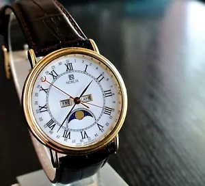 VINTAGE NOBLIA CITIZEN TRIPLE DATE MOON PHASE QUARTZ MEN'S GOLDEN DRESS WATCH - Picture 1 of 9