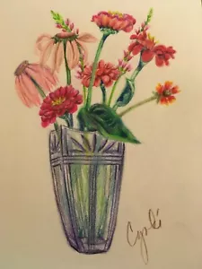 Buntstift Original Zeichnung Kornblumen und Ringelblume - Bild 1 von 4