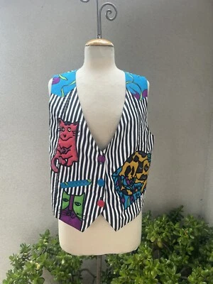 Винтажный китч шелковый жилет кошачья тема искусство унисекс S/M шелковые пейзажи  - Изображение 1 из 4