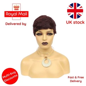 RED Short Straight Human Hair Wig Brazilian Remy Hair Pixie Cut Wig for Black - Picture 1 of 12