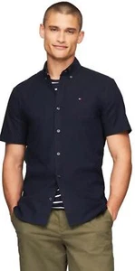 TOMMY HILFIGER Men's Short Sleeve Regular Fit Stretch Oxford Shirt, Navy, L - Picture 1 of 5