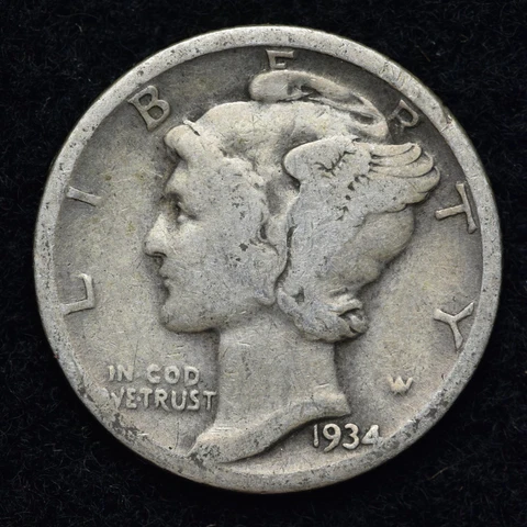 1934-D Mercury Silver Dime GOOD / VG FREE SHIPPING Cover