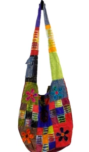 Boho Hippie Multicolor Patchwork Fabric Crossbody Bag Size: L - Picture 1 of 3