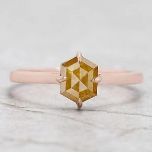 0.90 Ct Natural Hexagon Yellow Color Diamond Ring 14K Rose Gold Engagement Ring - Picture 1 of 9