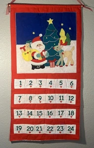 Vtg Advent Calendar 24 Day Pockets Countdown To Christmas Santa Tree Fabric - Picture 1 of 9