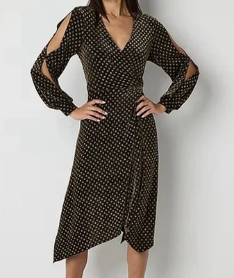 Vestido acampanado Perceptions para mujer manga larga dividida lunares calce midi negro y dorado XL Foto 1 de 4