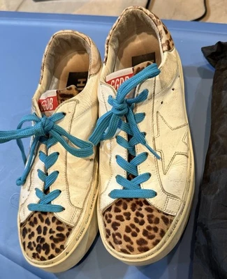 GOLDEN GOOSE - High Star White Leopard Print Blue Laces Size 37/US 6.5/7 GGDB — 第 1/4 张图片