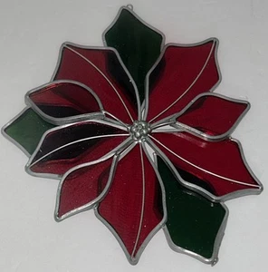 Vintage Stained Glass Poinsettia Flower Leaves Hanging Ornament Christmas - Picture 1 of 3
