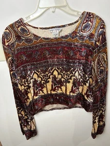 VTG FUNKY PEOPLE 100% SILK Crop Top Long Sleeve M BOHO Hippie 90s Y2K Shirt - Picture 1 of 9