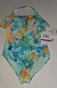ATHLETA GIRLS turquoise Green Orange Floral One Piece Swimsuit. Girls L 12 NWT - Picture 1 of 8