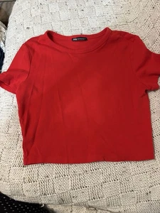 Zara Red Short Sleeve Cropped Top Sz Large - Picture 1 of 2