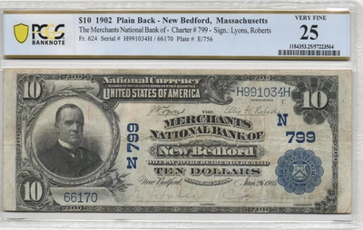 1902 New Bedford Massachusetts $10 National Banknote Charter 799 PCGS VF 25 - Image 1 of 2