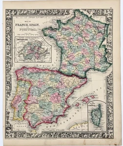 1864 FRANCE - SPAIN - PORTUGAL Map ORIGINAL (13.5X11) Corsica Paris Madrid - Picture 1 of 5