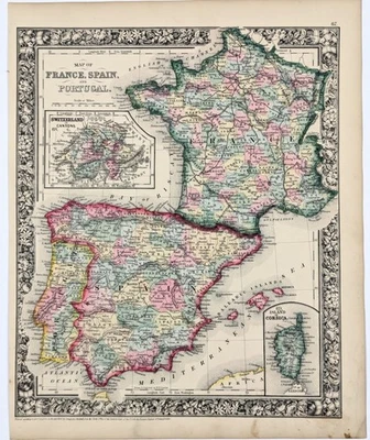 1864 FRANCE - SPAIN - PORTUGAL Map ORIGINAL (13.5X11) Corsica Paris Madrid - Image 1 of 4