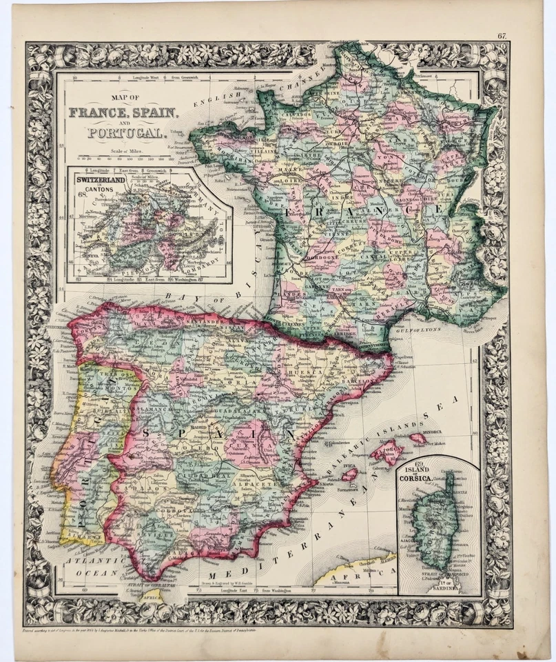 1864 FRANCE - SPAIN - PORTUGAL Map ORIGINAL (13.5X11) Corsica Paris Madrid - Image 1 of 4