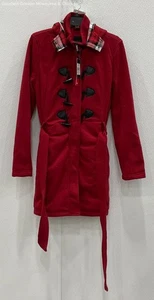 NWT Yoki Women's Red Plaid Collar Toggle Coat Zip Up Hooded Jacket Outerwear L - Picture 1 of 6