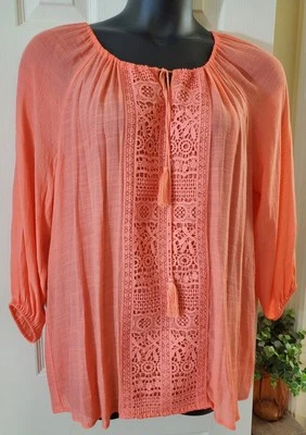 *Valerie Stevens*Blouse/Shirt/Tunic● Colorful Coral●Boho Sheer Clean●Very Pretty - Image 1 of 4