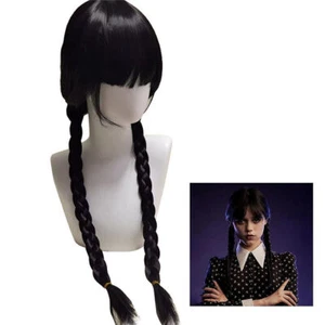Wednesday Addams Wigs Long Black Braids Hair with Bangs Cartoon Cosplay Wigs - Picture 1 of 8