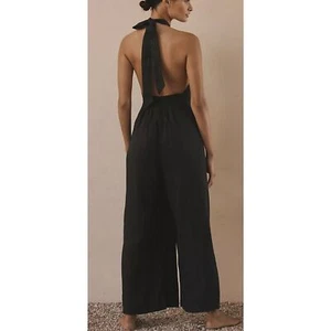 Anthropologie Mock-Neck Plunge Black Linen Jumpsuit Open Back Size S - Bild 1 von 8