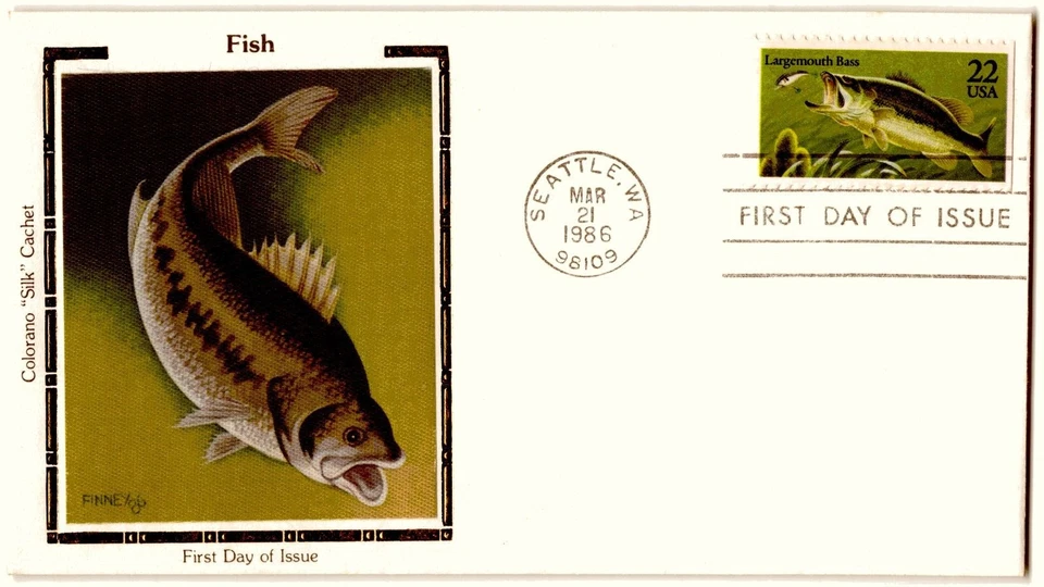 US COVER LARGE MOUTH BASS FISH FIRST DAY ISSUE COLORANO SILK CACHET - Image 1 of 1
