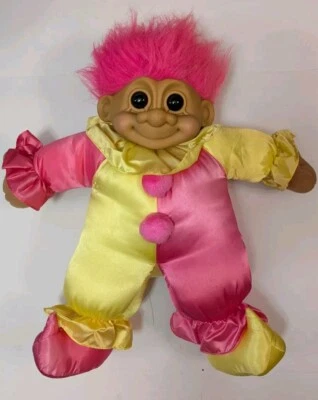 Vtg XL 24" Russ Berrie Troll Pink Hair Yellow Pink Clown Outfit Plush Vinyl Doll - Image 1 of 4